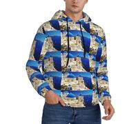YUBVCF Santorini Sweat à capuche à manches longues pour homme imprimé île grecque avec cordon de serrage, Noir , 4XL