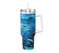 YUBVCF Sea Blue Marine Life Printing Gobelet isotherme à double paroi en acier inoxydable avec poignée et couvercle à paille 2 en 1 - 1200 ml