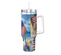 YUBVCF Sea to Shining Sea Gobelet isotherme à double paroi en acier inoxydable avec poignée et couvercle à paille 2 en 1 Motif patriotique 1200 ml