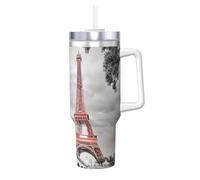 YUBVCF Tower Paris Printing Gobelet isotherme à double paroi en acier inoxydable avec poignée et couvercle à paille 2 en 1 - 1200 ml
