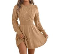 YuchiFa Robe Pull Mini trapèze à Manches Longues et col Rond, Taille cintrée, en Maille torsadée pour Femme (Khaki,S)