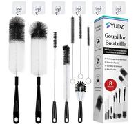 YUDZ - Lot de Goupillons Bouteille et Écouvillons - 8 Brosses + 6 Crochets Muraux - Brosse pour Biberon, Gourdes, Thermos, Verres, Carafes et Bouteille Sodastream