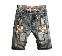 Yue668 Short en Jean Décontracté Taille Plus Rétro pour Hommes, Short en Jean Blanc Délavé Patchwork, Short en Jean Rock Punk Mixte