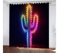 YUEAHOL Cactus Lumineux Rideaux Occultants Thermique Anti Froid Isolant, Fond Noir Rideau Fenetre avec Oeillets, Blackout Window Curtains pour Salon et Chambre 170 x 200 cm, 2 Pièces