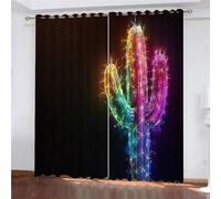 YUEAHOL Lot de 2 Rideau Thermiques Occultant, 3D Imprime Cactus Lumineux Fond Noir Polyester Rideaux Veranda Con Oeillets Isolant Thermique Rideaux Chambre 170 x 200 cm