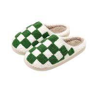 YUECIBAI Chaussons Rétro Damier Pantoufles en Peluche pour Femmes Floue Checker Confortable Confort Intérieur Moelleux Coussin Respirant Diapositives Chaussures Souples 41-42 Vert