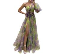YUECIBAI Robe Femme Dress Fille Femmes Élégantes Robe De Soirée Une Épaule en Couches Tie-Dye Fleur Impression Rose Maille Split Ourlet Robe De Bal Robe XL Vert