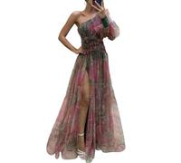 YUECIBAI Robe Femme Dress Fille Femmes Élégantes Robe De Soirée Une Épaule en Couches Tie-Dye Fleur Impression Rose Maille Split Ourlet Robe De Bal Robe S Rouge