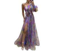 YUECIBAI Robe Femme Dress Fille Femmes Élégantes Robe De Soirée Une Épaule en Couches Tie-Dye Fleur Impression Rose Maille Split Ourlet Robe De Bal Robe M Violet