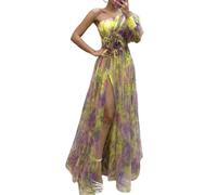 YUECIBAI Robe Femme Dress Fille Femmes Élégantes Robe De Soirée Une Épaule en Couches Tie-Dye Fleur Impression Rose Maille Split Ourlet Robe De Bal Robe S Jaune