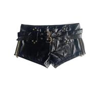 YUECIBAI Short Jogging Femmes Sexy Side Zipper Splicing Ultra Short Taille Basse Ceinture en Cuir Mini Pantalon Femme Slim Hip Lift Trois Trimestre Pantalon S Noir