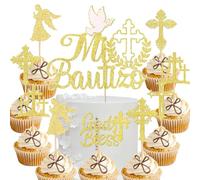 YUEcthynous Lot de 13 décorations de gâteau de communion, pour première communion, colombe et croix, esprit saint, pour décoration de gâteau, baptême de bébé, paillettes dorées