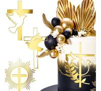 YUEcthynous Lot de 4 décorations de gâteau de communion - En acrylique - Paillettes dorées - Colombe et croix - Esprit sacré - Pour décoration de gâteau de baptême de bébé - Paillettes dorées