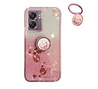 YUECXIN Coque Paillettes pour Oppo A57 4G/Oppo A57s/A77S 4G/A57E 4G, Très Mince Antichoc TPU Bumper Doux Silicone Housse, Délicat Mode Fleurs Ring Holder Stand Bling Femmes Filles Étui. Rose
