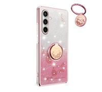 YUECXIN Coque Paillettes pour Samsung Galaxy A18 4G/Samsung Galaxy A17, Très Mince Antichoc TPU Bumper Doux Silicone Housse, Délicat Mode Fleurs Ring Holder Stand Bling Femmes Filles Étui. Rose