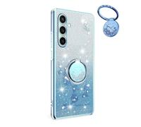 YUECXIN Coque Paillettes pour Samsung Galaxy A18 4G/Samsung Galaxy A17, Très Mince Antichoc TPU Bumper Doux Silicone Housse, Délicat Mode Fleurs Ring Holder Stand Bling Femmes Filles Étui. Bleu