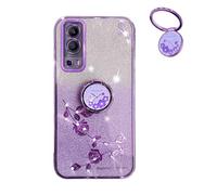 YUECXIN Coque Paillettes pour Vivo Y72 5G/Vivo Y52 5G/Y53S 5G/Y75S, Très Mince Antichoc TPU Bumper Doux Silicone Housse, Délicat Mode Fleurs Ring Holder Stand Bling Femmes Filles Étui. Violet