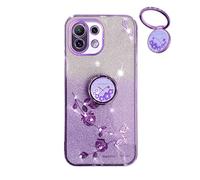 YUECXIN Coque Paillettes pour Xiaomi 11 Lite 5G NE/Xiaomi Mi 11 Lite, Très Mince Antichoc TPU Bumper Doux Silicone Housse, Délicat Mode Fleurs Ring Holder Stand Bling Femmes Filles Étui. Violet