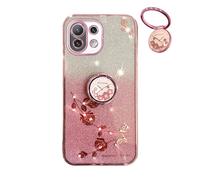 YUECXIN Coque Paillettes pour Xiaomi 11 Lite 5G NE/Xiaomi Mi 11 Lite, Très Mince Antichoc TPU Bumper Doux Silicone Housse, Délicat Mode Fleurs Ring Holder Stand Bling Femmes Filles Étui. Rose
