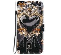 YUECXIN Étui pour Motorola Edge 60 Neo/Edge 50 Neo/ThinkPhone 25, Coque Portefeuille en Cuir PU à Rabat avec Porte-Cartes, Housse de Protection Motif 3D Élégant, Cœur Noir et Or