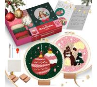 yuegool Lot de 2 aiguilles de décoration de Noël, kit de broderie facile à faire soi-même pour les débutants, adultes et enfants, y compris des motifs, des outils, des fils, des cerceaux, des