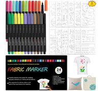 Yuehuabao Lot de 24 couleurs pour tissus, feutres pour tissus et tissu, feutres permanents non toxiques lavables idéales pour T-shirts, sacs en tissu, t-shirts, bavoirs, jeans