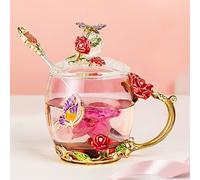 YUEMING Thé en verre transparent Coupe en verre à fleurs Tasse à thé avec couvercle, tasse à café avec cuillère Coupe avec poignée ，Tasses à café à thé Papillon Rose Beau Cadeau (Rouge + 320ml)