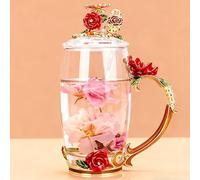 YUEMING Thé en Verre Transparent Coupe en Verre à Fleurs Tasse à thé avec Couvercle, Tasse à café avec cuillère Coupe avec poignée ，Tasses à café à thé Papillon Rose Beau Cadeau (Rouge + 350ml)