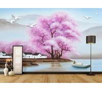 YueMingDi Arbres Violets Plantes Pics De Montagne Fond D’Écran Moderne Décoration De La Maison Chambre À Coucher Fond De Télévision Moderne-200Cm×140Cm