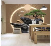 YueMingDi Papier Peint 3D Cerf Doré Cascade Rochers Pins Soleil | Fresques Murales et Créatives Décoration D'intérieur Pour le Bureau Salon la Chambre Coucher Canapé Mural de Luxe-400cm×280cm