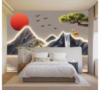YueMingDi Papier Peint 3D Cerf Doré Sommets Cascade Soleil Rouge Pins | Fresques Murales et Créatives Décoration D'intérieur Pour le Bureau Salon la Chambre Coucher Canapé Mural de Luxe-430cm×300cm