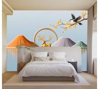 YueMingDi Papier Peint 3D Cerf Doré Sommets Petits Oiseaux Fleurs Paysage | Fresques Murales et Créatives Décoration D'intérieur Pour le Bureau Salon la Chambre Coucher Canapé Mural de Luxe-300cm×210cm