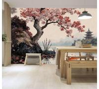 YueMingDi Papier Peint 3D Cerisier En Fleurs Rose Lac Petits Poissons Dorés | Fresques Murales et Créatives Décoration D'intérieur Pour le Bureau Salon la Chambre Coucher Canapé Mural de Luxe-150cm×105cm