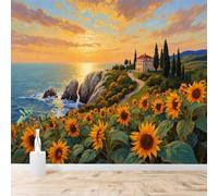 YueMingDi Papier Peint 3D Coucher De Soleil Mer Côte Tournesols Maisons | Fresques Murales et Créatives Décoration D'intérieur Pour le Bureau Salon la Chambre Coucher Canapé Mural de Luxe-150cm×105cm