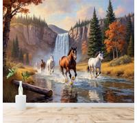 YueMingDi Papier Peint 3D Falaise Cascade Pinède Chevaux Au Galop Rivière | Fresques Murales et Créatives Décoration D'intérieur Pour le Bureau Salon la Chambre Coucher Canapé Mural de Luxe-250cm×170cm