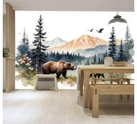 YueMingDi Papier Peint 3D Forêt Ours Brun Montagnes Pins Oiseaux En Vol | Fresques Murales et Créatives Décoration D'intérieur Pour le Bureau Salon la Chambre Coucher Canapé Mural de Luxe-400cm×280cm