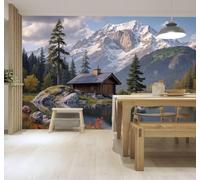 YueMingDi Papier Peint 3D Montagnes Enneigées Maisons Lacs Pinède Paysage | Fresques Murales et Créatives Décoration D'intérieur Pour le Bureau Salon la Chambre Coucher Canapé Mural de Luxe-430cm×300cm