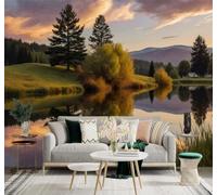 YueMingDi Papier Peint 3D Pins Coucher De Soleil Lac Collines Reflets | Fresques Murales et Créatives Décoration D'intérieur Pour le Bureau Salon la Chambre Coucher Canapé Mural de Luxe-300cm×210cm