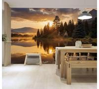 YueMingDi Papier Peint 3D Sommets Lacs Lever De Soleil Doré Pinède Reflets | Fresques Murales et Créatives Décoration D'intérieur Pour le Bureau Salon la Chambre Coucher Canapé Mural de Luxe-400cm×280cm