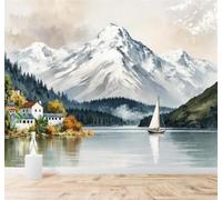 YueMingDi Papier Peint 3D Voilier Lac Montagnes Enneigées Maisons Pinède | Fresques Murales et Créatives Décoration D'intérieur Pour le Bureau Salon la Chambre Coucher Canapé Mural de Luxe-200cm×140cm