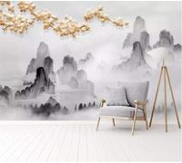 YueMingDi Peinture À L’Encre Sommets Des Montagnes Fleurs Jaunes Branches Paysage Murales Art Décoration Chambre Salon Moderne Tv Fond-350Cm×256Cm