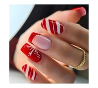 YUEMOL Faux Ongles Noel 24 Pcs Glossy Short T-shaped Christmas Press On Nails， Red French Glitter False Nails Artificial Finger Nails(Red)