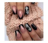 YUEMOL Faux Ongles Noel 24 Pcs Glossy Short T-shaped Christmas Press On Nails， Red French Glitter False Nails Artificial Finger Nails(Black)