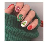 YUEMOL Faux Ongles Noel 24 Pieces of Christmas Short Square Nails, Red and Green Christmas Tree Canes Christmas Elements Fake Nail Wearable Nail Holiday Nail Art