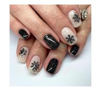 YUEMOL Faux Ongles Noel 24Pcs Black&White Snowflake Christmas Press-On Nails, Glitter Short Square Full Cover Acrylic Nail Tips for Women&girls Nail Art(A)