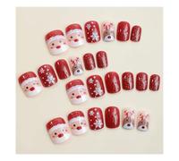 YUEMOL Faux Ongles Noel 24Pcs Christmas Short False Nails ，Snowman Elk Pattern Design Wearable Fake Nails Press On Nail