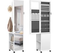 YUENFONG Armoire à bijoux à suspendre Armoire à glace verrouillable 2 en 1 Miroir mural et organisateur de bijoux, miroir de maquillage Armoire à maquillage (Avec roulettes, Blanc)