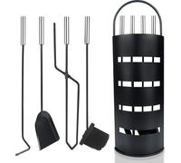 YUENFONG Couverts de cheminée en acier inoxydable 5 pièces Set d'accessoires de cheminée moderne comprenant un balai, une pelle, un tisonnier, une pince et un support avec protection visuelle, noir