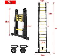YUENFONG Echelle télescopique 5m Alu-télescopique Antidérapante Escabeau pliant Echelle coulissante Echelle multi-usage Capacité de charge max 150 kg Pliable (2,5+2,5M)