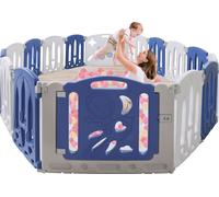 YUENFONG Parc Bébé Pliable, Parc avec Porte et Jouet, 14+2 Panneaux Bleu+Blanc Barrière de sécurité, Barrière d'éveil en plastique (16 pièces)